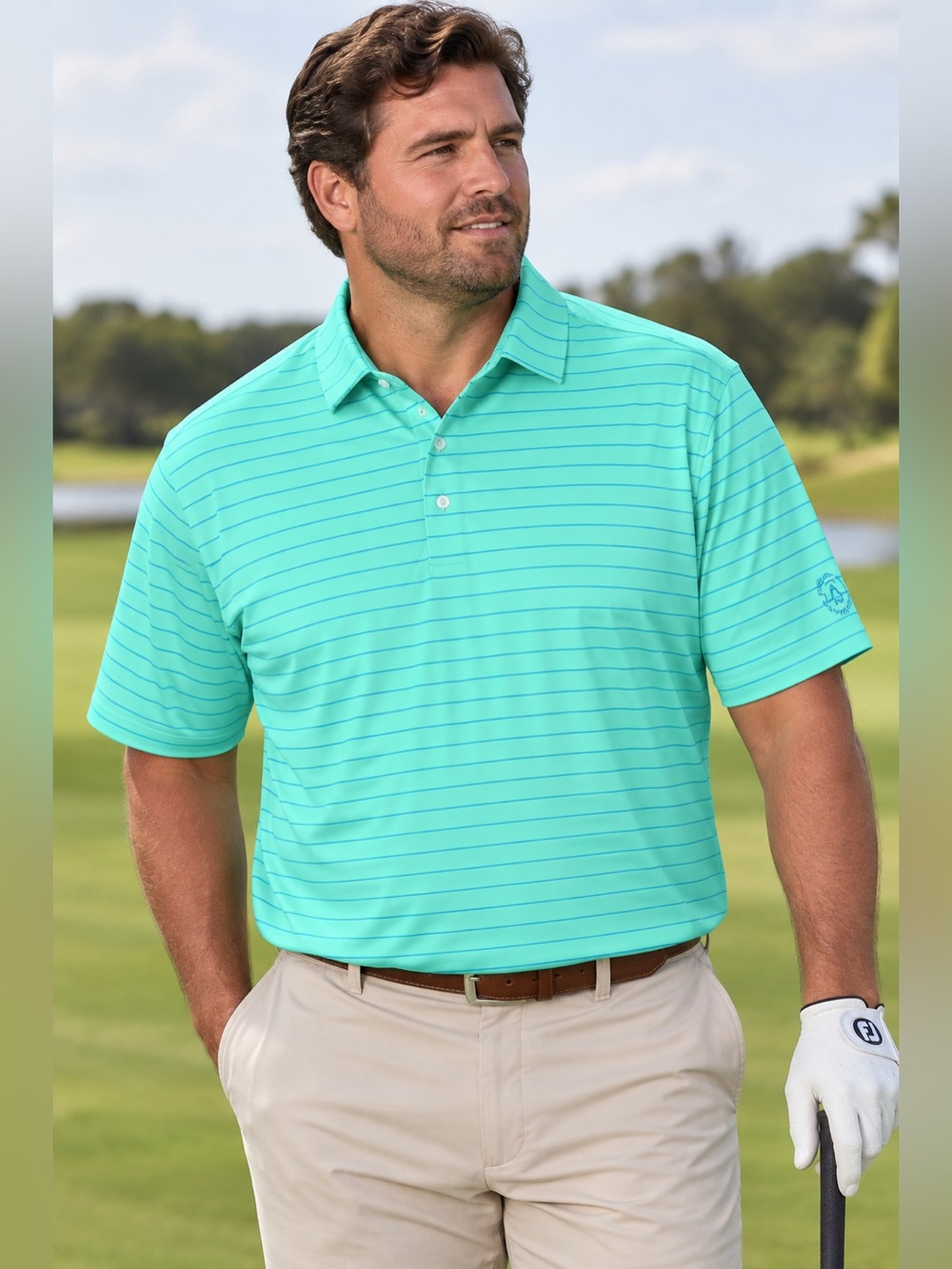 Peter Millar Summer Comfort Aqua and Blue Striped Men’s Polo